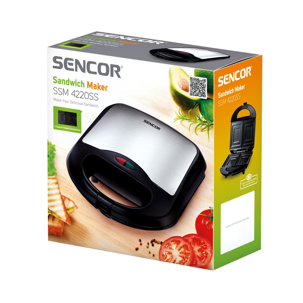 SENCOR SSM 4220SS inox szendvicssütő tapadásmentes sütőlapokkal – 3. kép