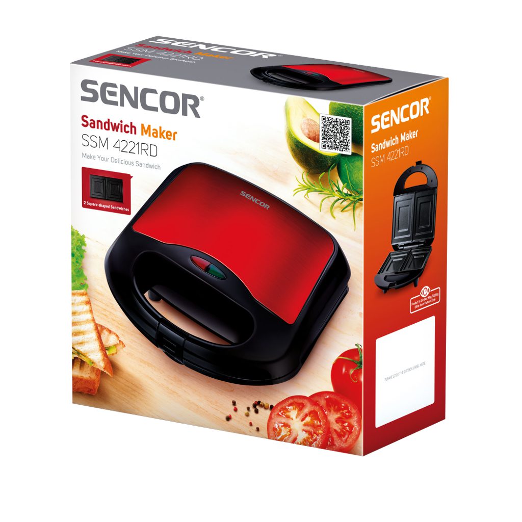 SENCOR SSM 4221RD piros, rozsdamentes szendvicssütő 700 W teljesítménnyel – 3. kép