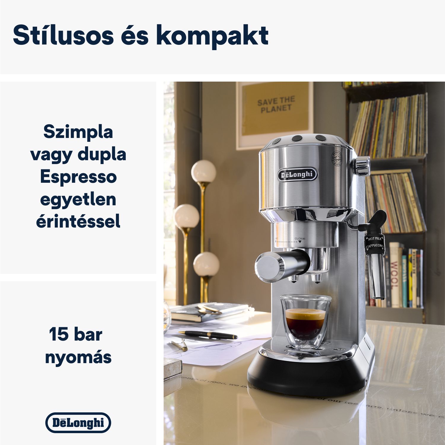 DE-LONGHI Dedica EC685.M karos eszpresszó kávéfőző, ezüst fémházzal – 3. kép