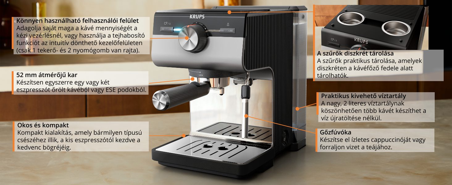 KRUPS XP384E10 Authentic+ manuális eszpresszó kávéfőző gőzfúvókával – 9. kép