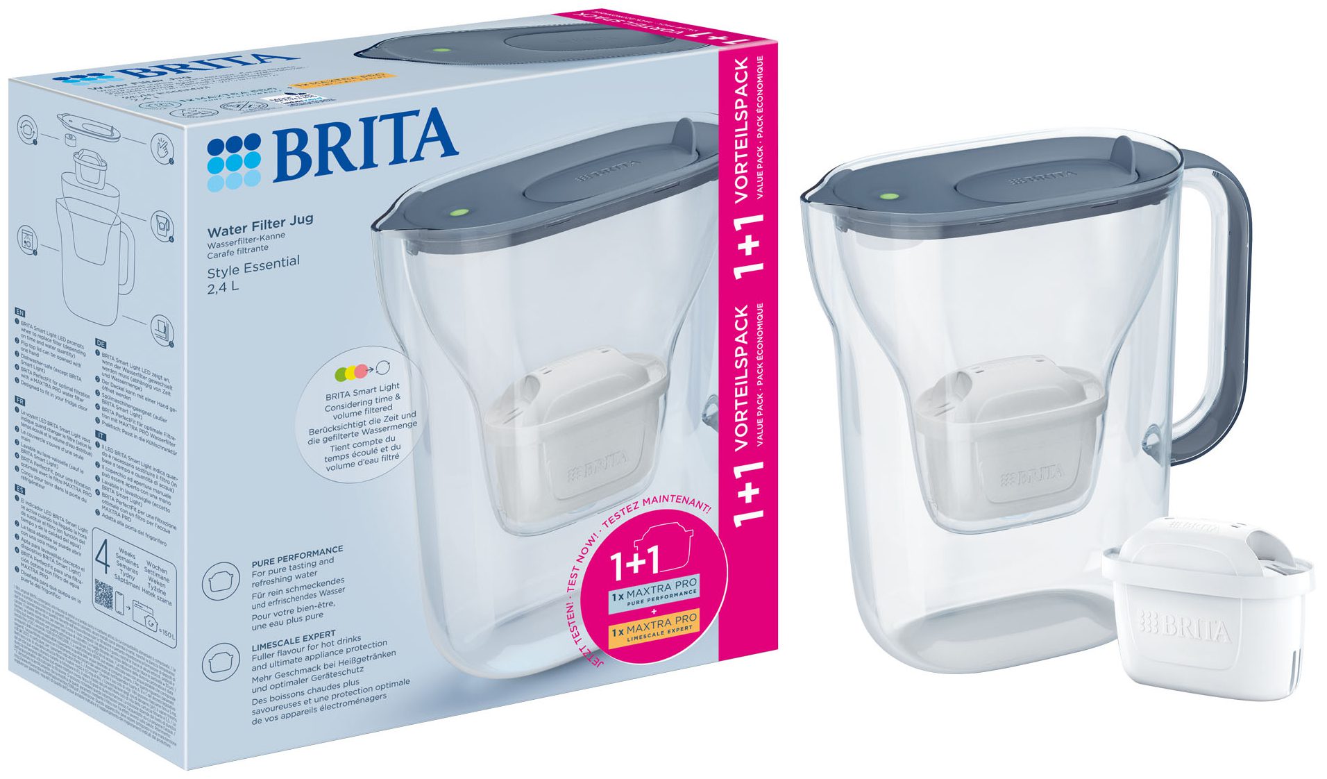 BRITA BR1057796 Style Essential 2,4 l-es szürke vízszűrő kancsó 1+1 patronnal – 2. kép