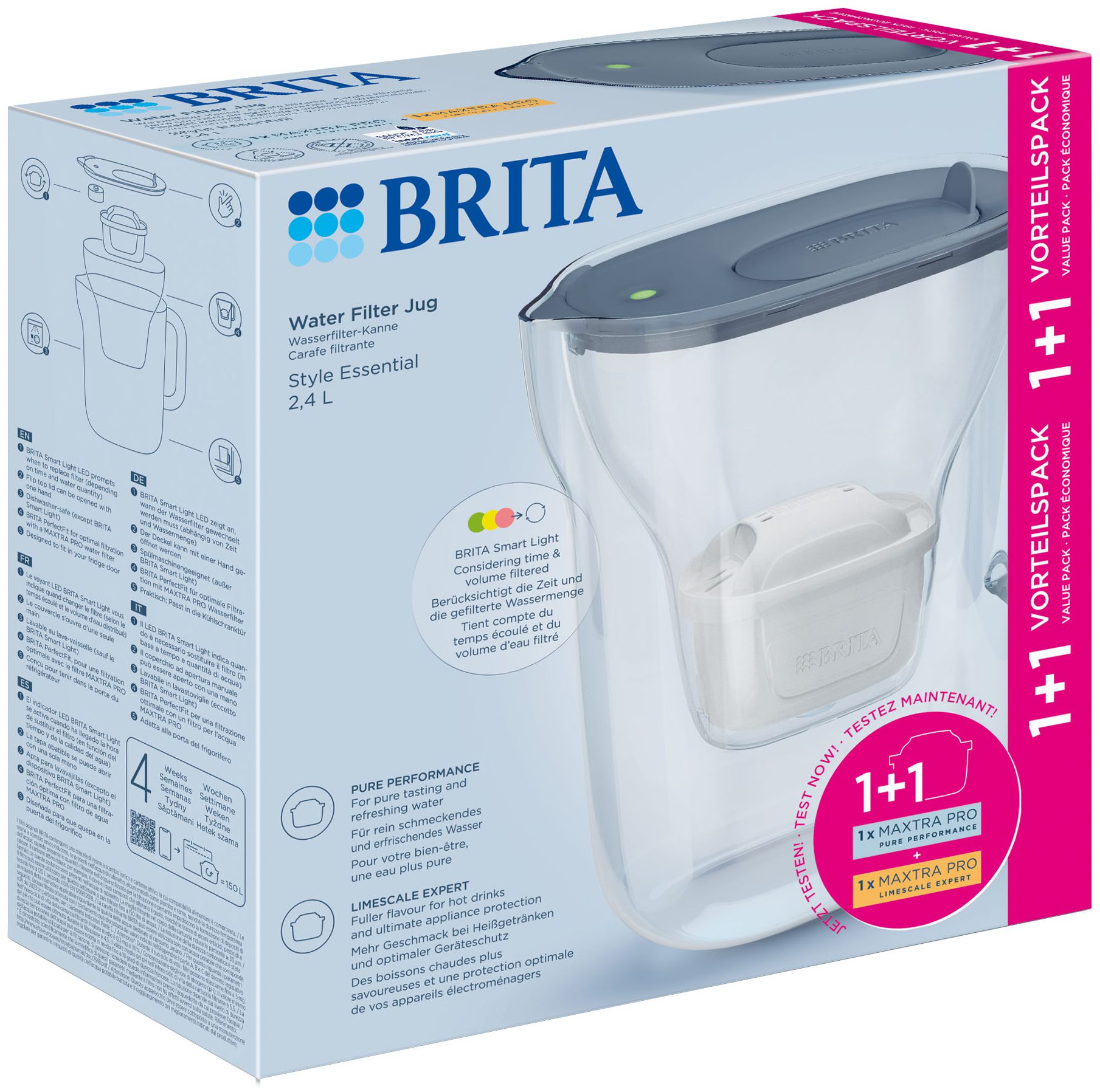 BRITA BR1057796 Style Essential 2,4 l-es szürke vízszűrő kancsó 1+1 patronnal – 3. kép