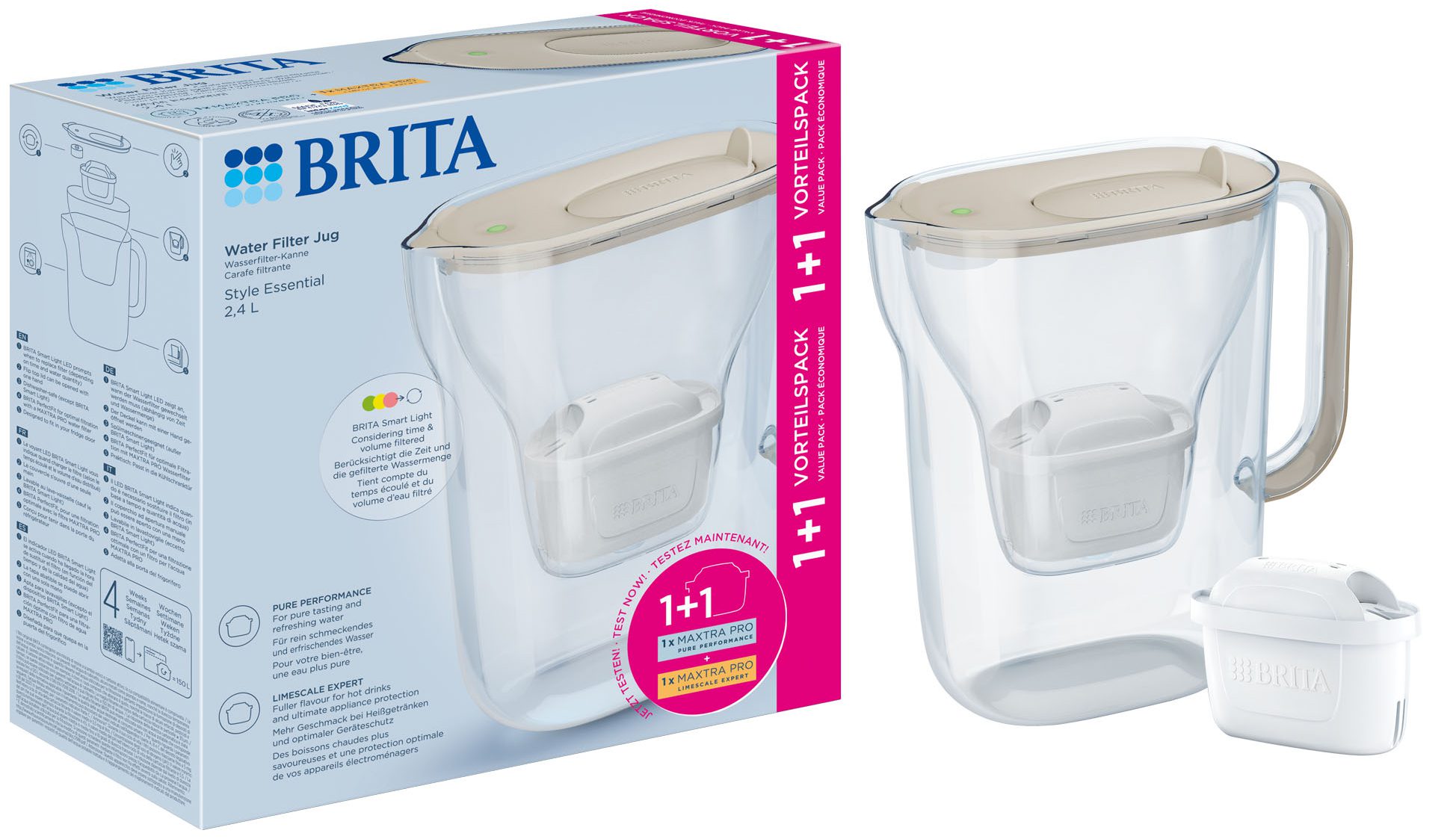 BRITA BR1057797 Style Essential 2,4 l-es vízszűrő kancsó, homokszínű, 2 patronnal – 2. kép