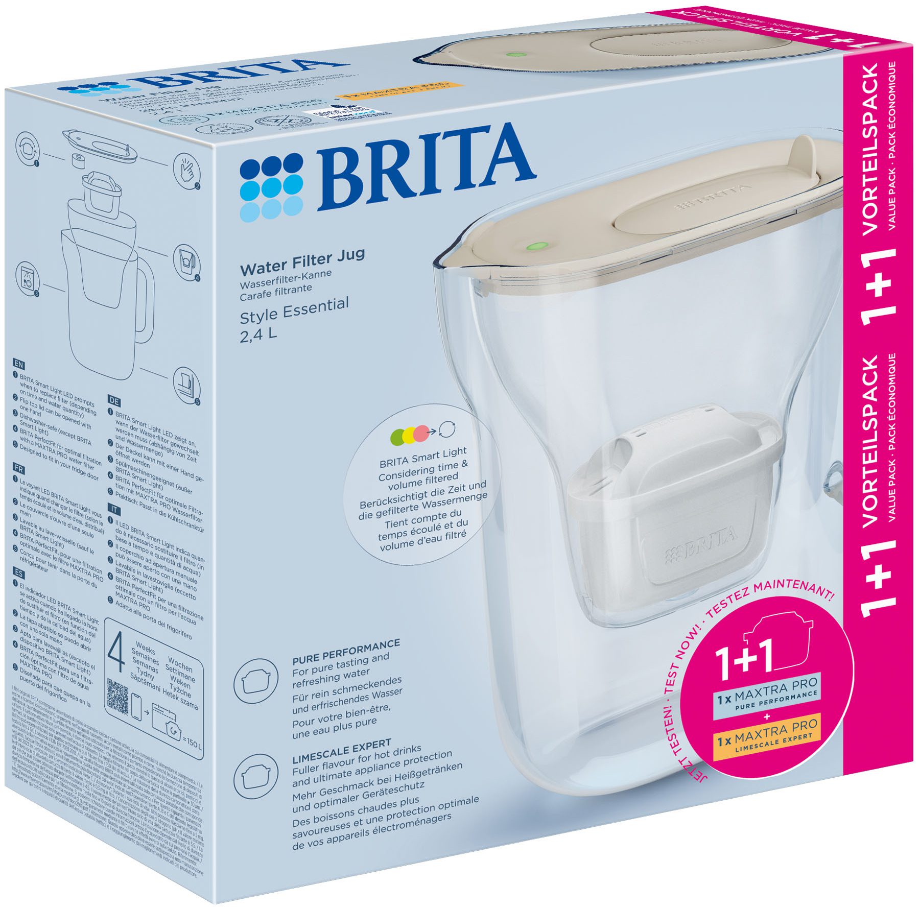 BRITA BR1057797 Style Essential 2,4 l-es vízszűrő kancsó, homokszínű, 2 patronnal – 3. kép