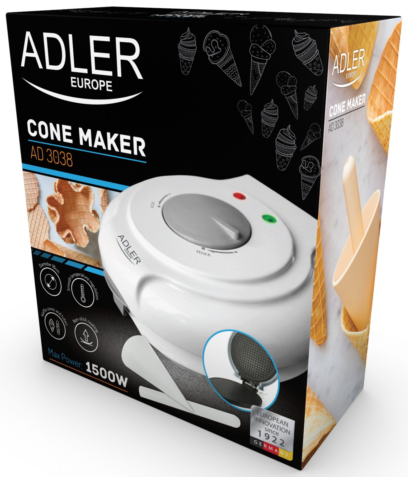 ADLER AD3038 tapadásmentes ostyasütő tölcsérformázóval, fehér – 6. kép