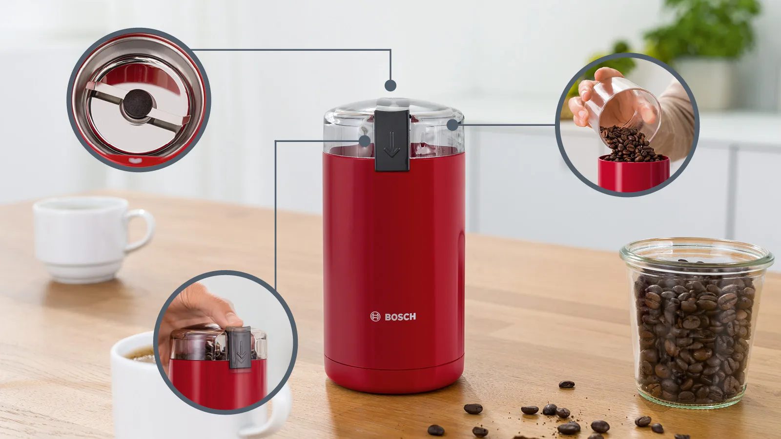 BOSCH TSM6A014R kávédaráló nemesacél pengével, 180 W, piros – 3. kép