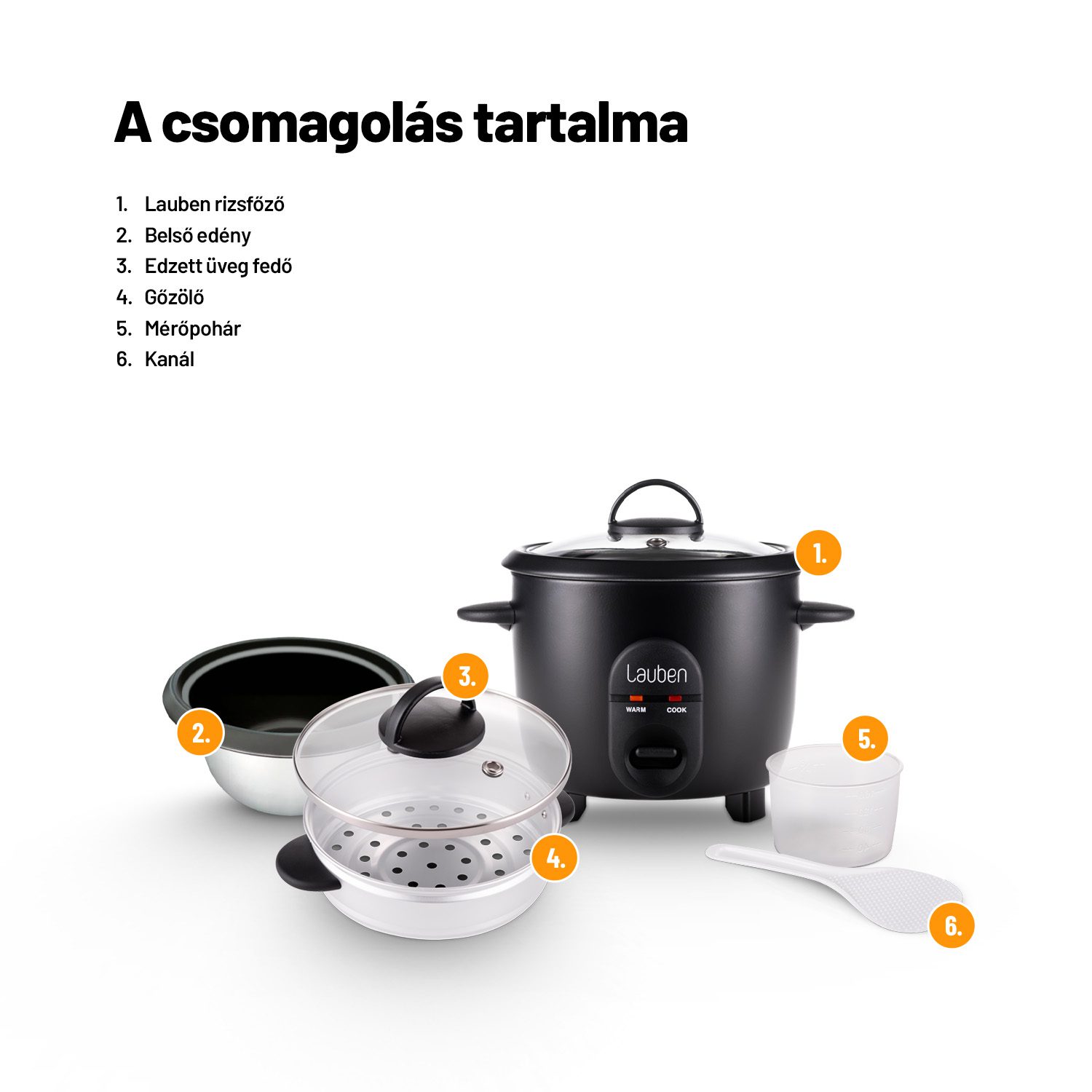 LAUBEN Rice Cooker 600BC multifunkciós rizsfőző és gőzölő, 0,6 l, 300 W – 2. kép