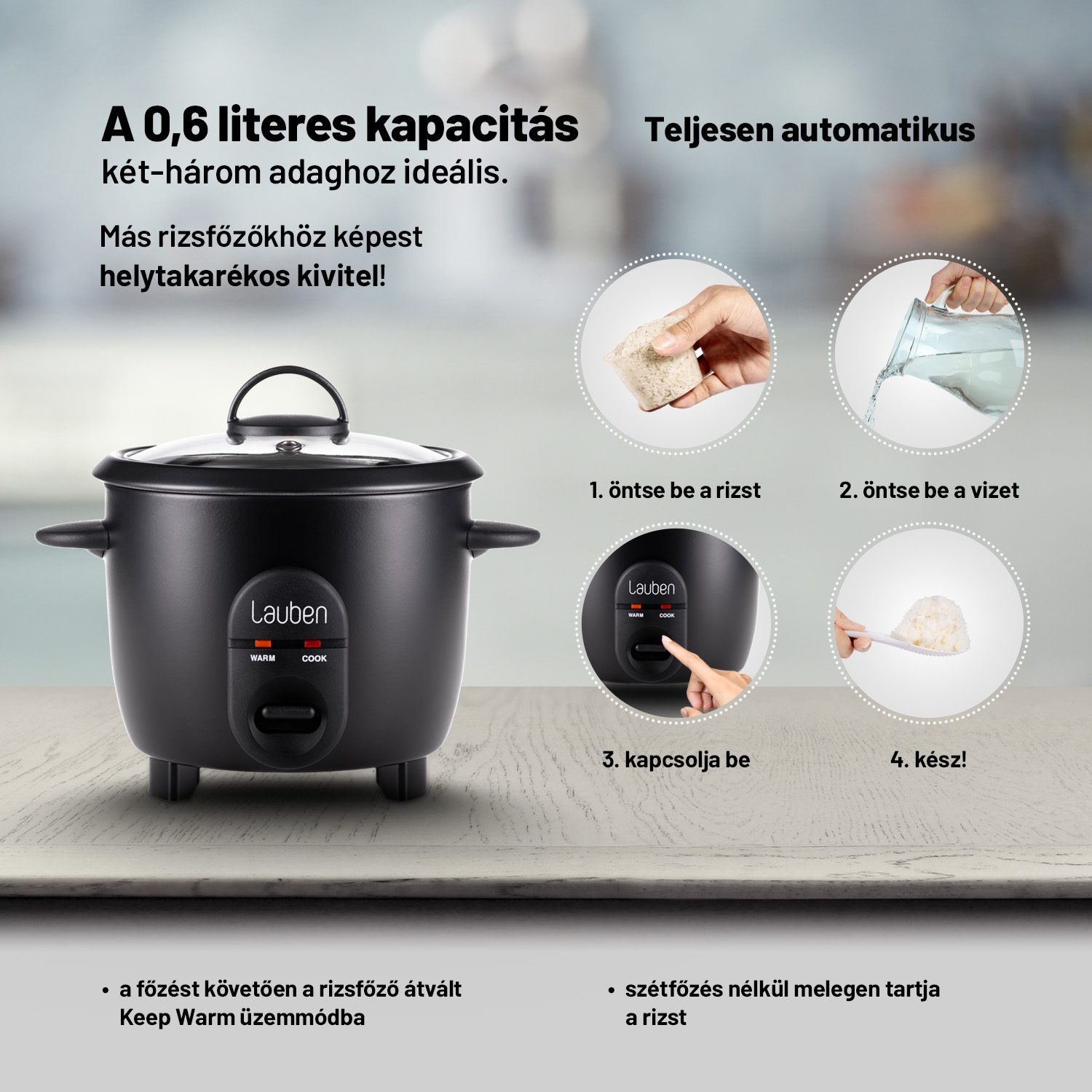 LAUBEN Rice Cooker 600BC multifunkciós rizsfőző és gőzölő, 0,6 l, 300 W – 6. kép