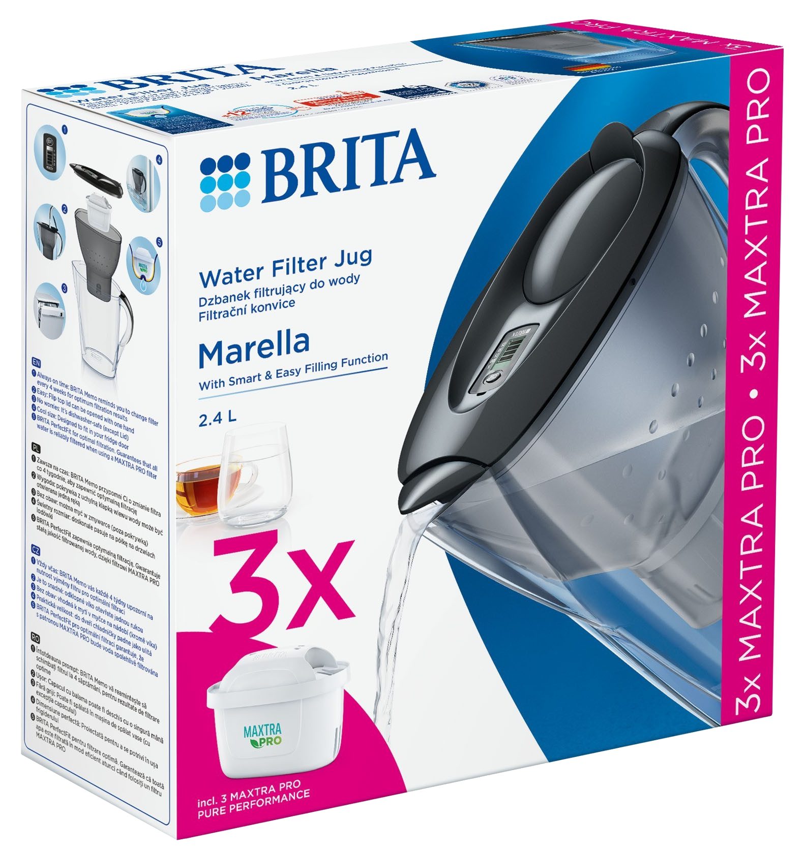 BRITA Marella Cool BR1052796 vízszűrő kancsó, 2,4 l, 3 Maxtra PRO patronnal, szürke – 3. kép