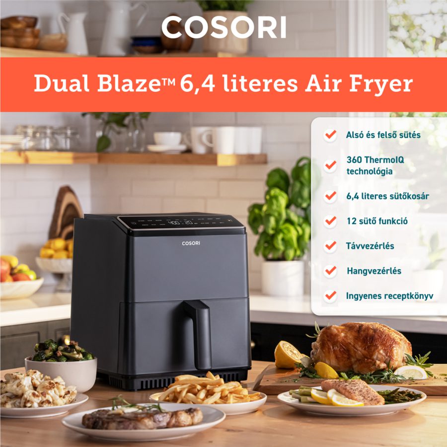 COSORI CAF-P681S-KEUR DualBlaze 6,4 literes okos forrólevegős sütő, 1700 W, sötétszürke – 5. kép
