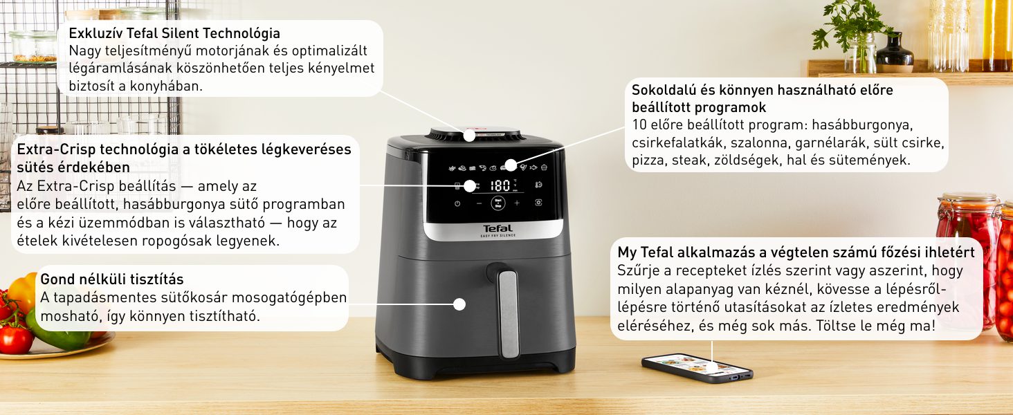 TEFAL EY551HE0 Easy Fry Silence XL 5 literes forrólevegős sütő – 5. kép