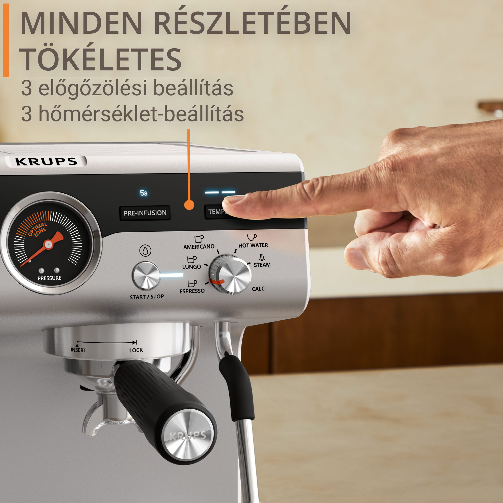 KRUPS XP801T10 Precision manuális eszpresszó kávéfőző beépített őrlővel, alumínium – 4. kép