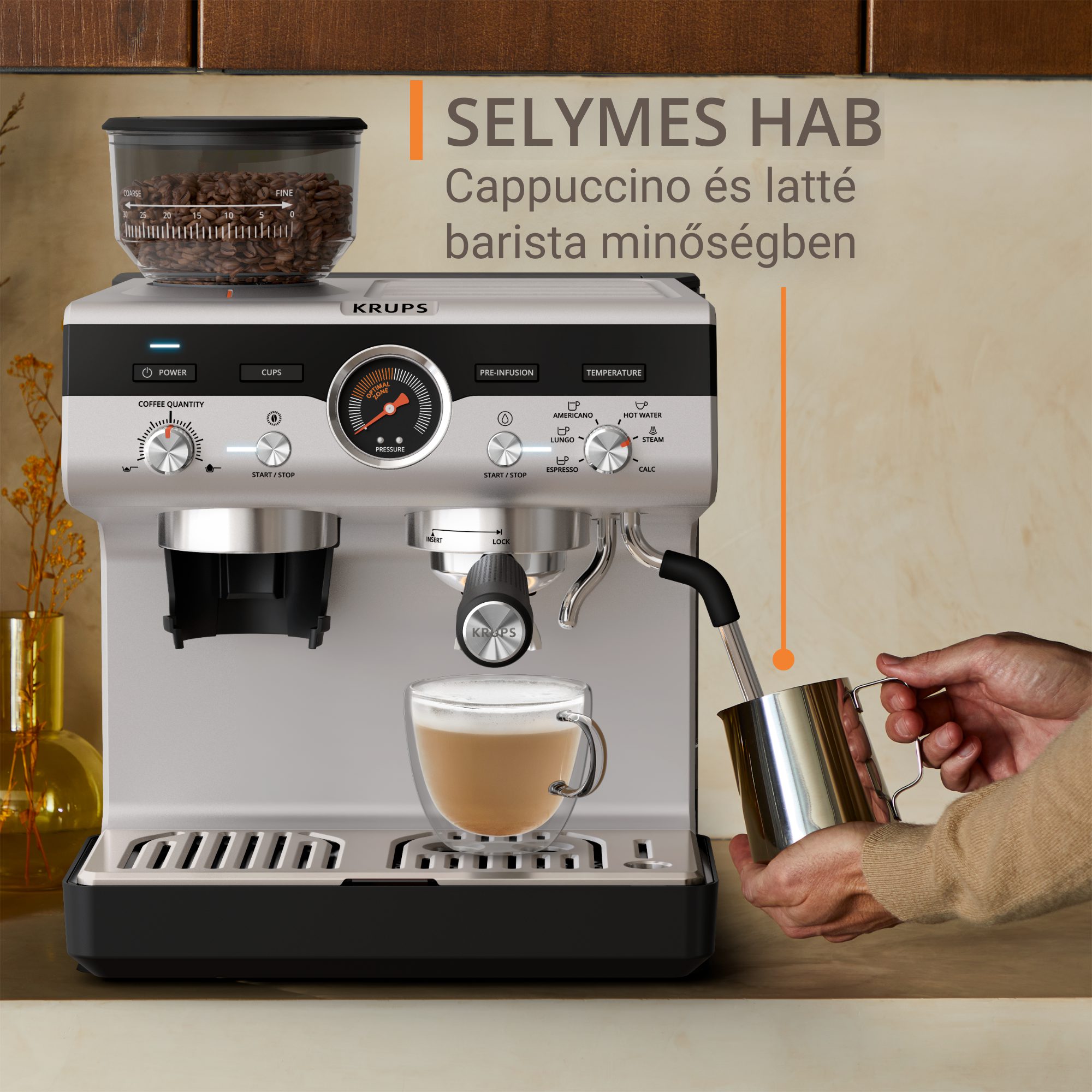 KRUPS XP801T10 Precision manuális eszpresszó kávéfőző beépített őrlővel, alumínium – 5. kép