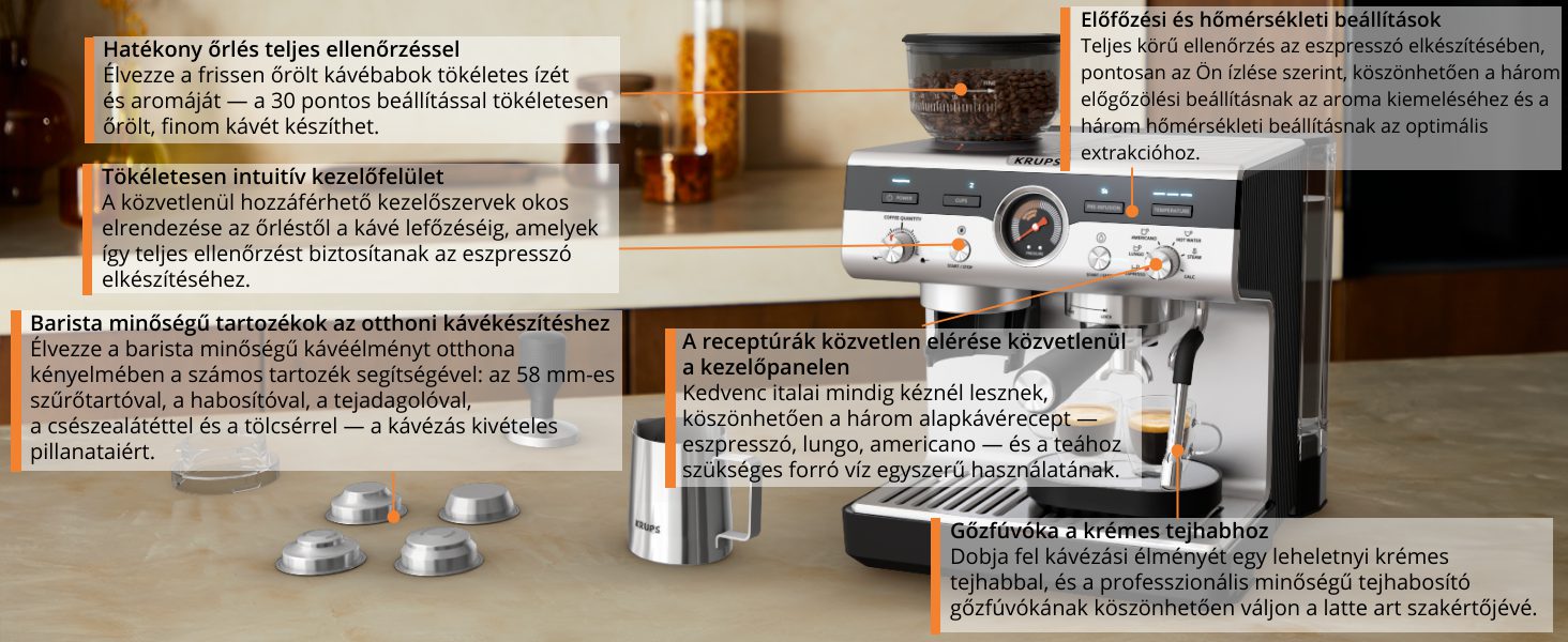 KRUPS XP801T10 Precision manuális eszpresszó kávéfőző beépített őrlővel, alumínium – 6. kép