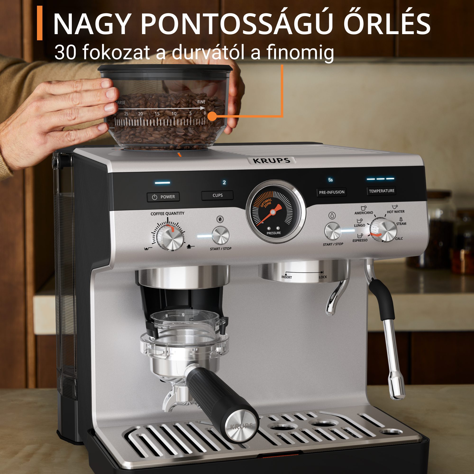 KRUPS XP801T10 Precision manuális eszpresszó kávéfőző beépített őrlővel, alumínium – 8. kép