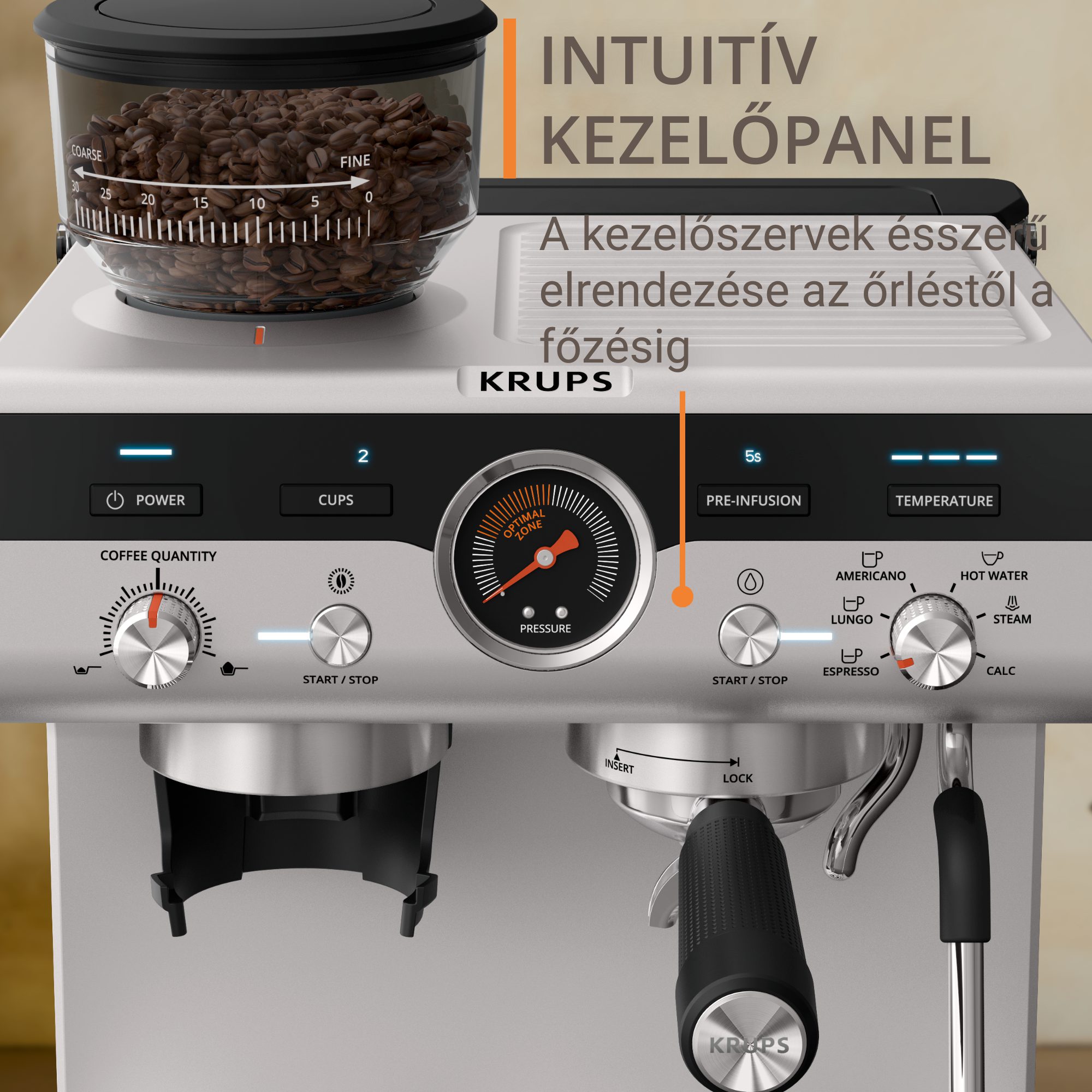 KRUPS XP801T10 Precision manuális eszpresszó kávéfőző beépített őrlővel, alumínium – 9. kép