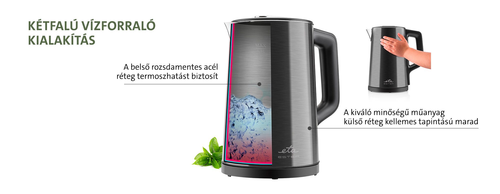 ETA 4597 90000 Ester duplafalú vízforraló LED-kijelzővel, fekete – 8. kép