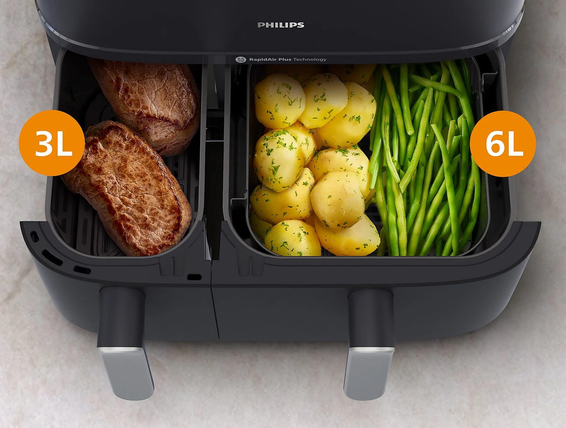 PHILIPS NA555/00 SteamFry+ Dual 9 literes, kétkosaras airfryer gőzsütéssel – 3. kép