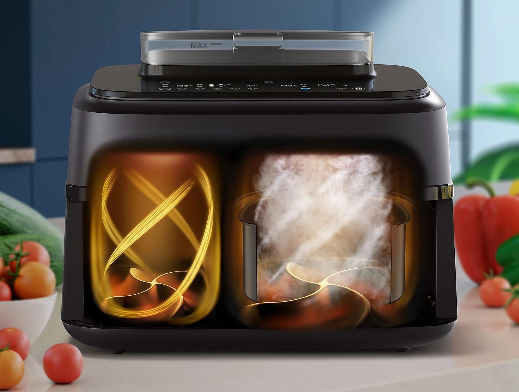 PHILIPS NA555/00 SteamFry+ Dual 9 literes, kétkosaras airfryer gőzsütéssel – 5. kép