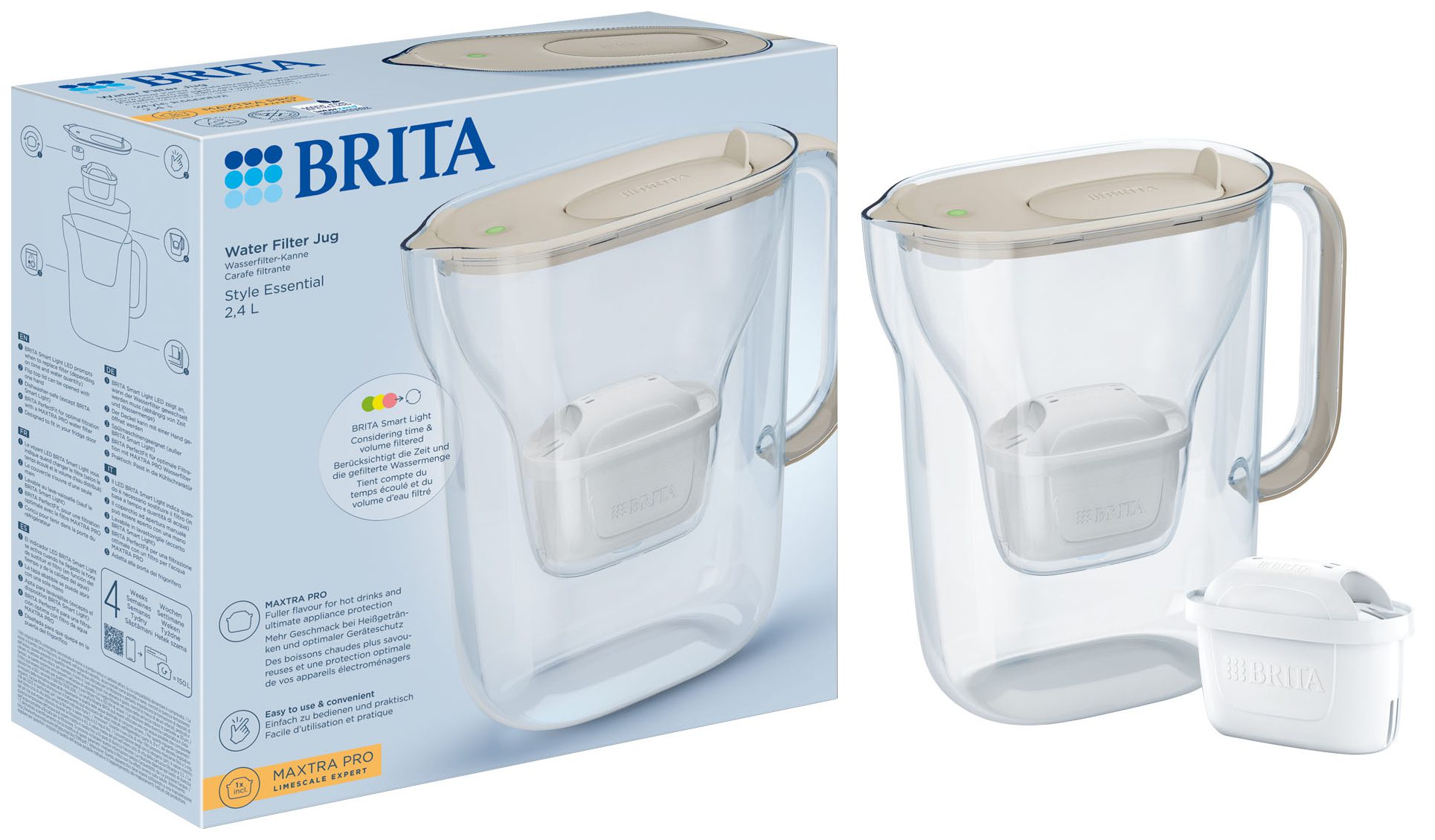 BRITA BR1057792 Style Essential vízszűrő kancsó 2,4 l, homokszínű, 1 db HW MAXTRA PRO patronnal – 2. kép