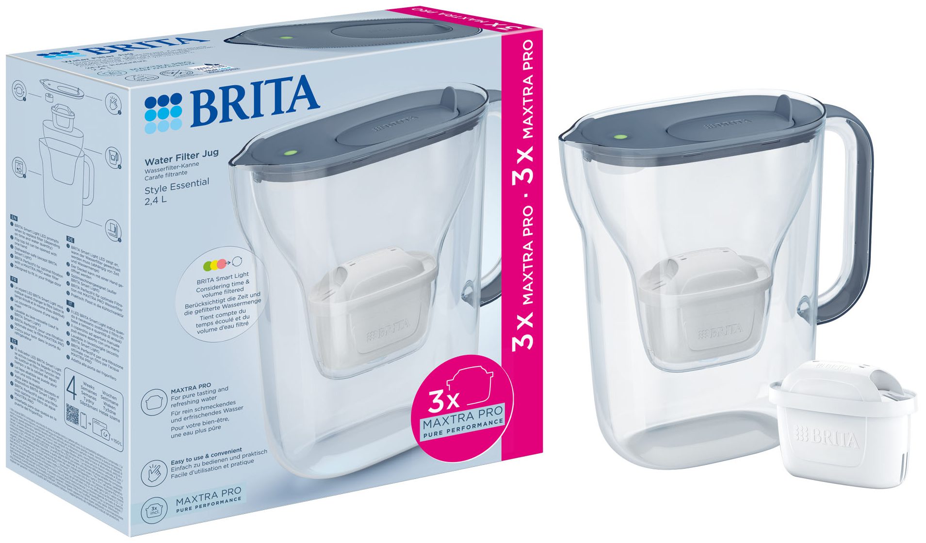 BRITA BR1058103 Style Essential vízszűrő kancsó 2,4 l, 3 patronnal, szürke – 2. kép