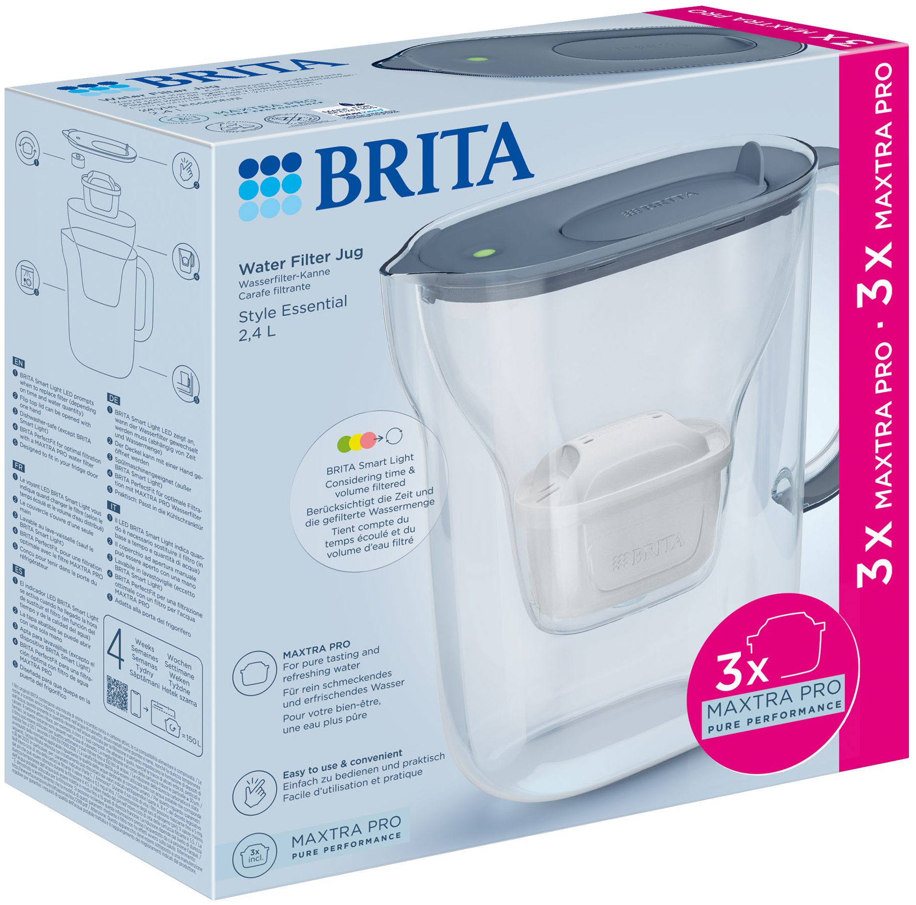 BRITA BR1058103 Style Essential vízszűrő kancsó 2,4 l, 3 patronnal, szürke – 3. kép