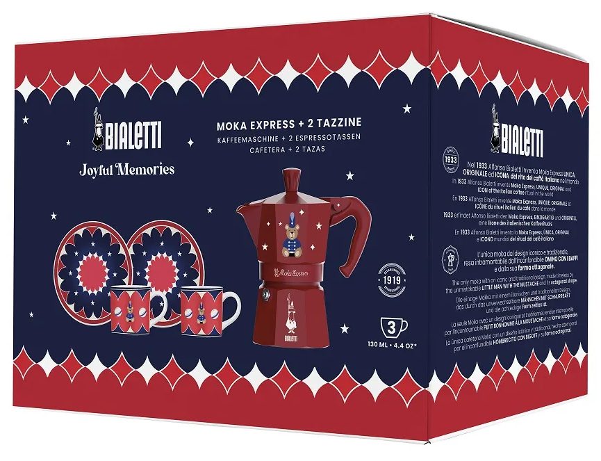 BIALETTI Moka Express GD25 3 adagos kotyogós kávéfőző porcelán csészeszettel, piros – 2. kép
