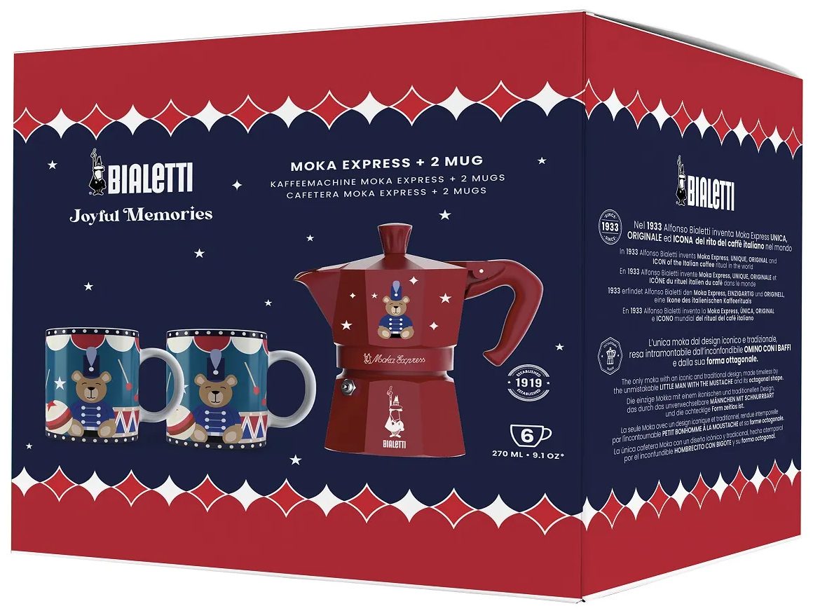 BIALETTI Moka Express GD25 6 adagos kotyogós kávéfőző 2 porcelán bögrével, piros – 2. kép